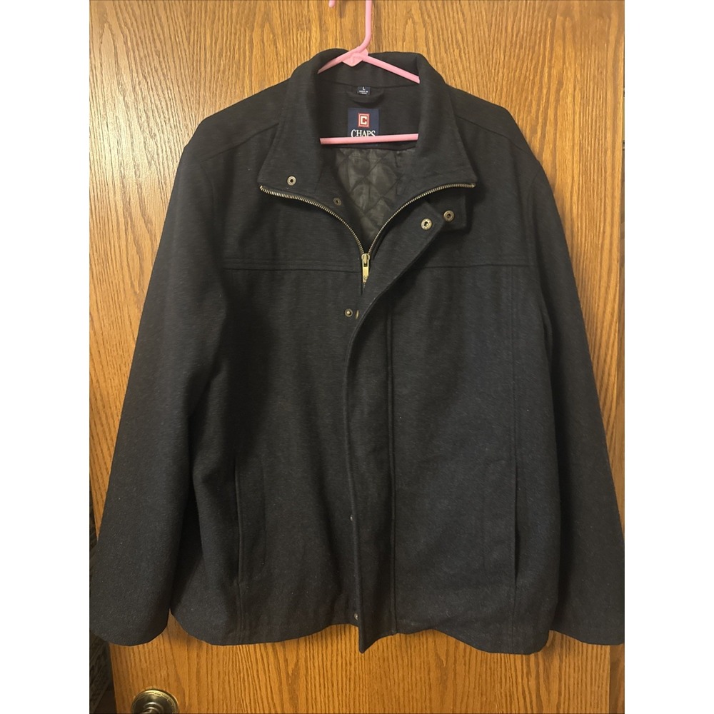 Chaps Men's Wool Blend Jacket Size L‎ Black Quilted Lining Full Zip Coat Warm